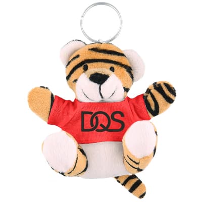 Plush and cotton tiger key chain with red shirt with personalized imprint.