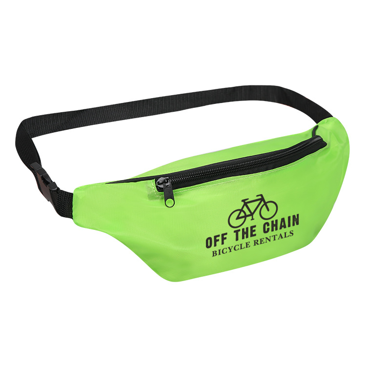 Imprinted lime fanny pack with adjustable waist band and buckle.