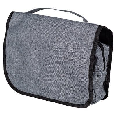 Polyester gray heathered hanging travel bag blank.