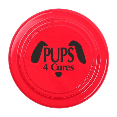 Plastic red pet friendly flying disc with custom imprint.