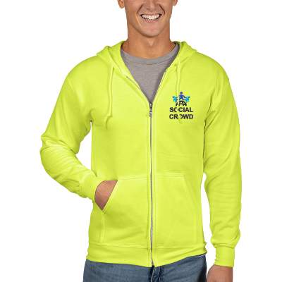 Safety color embroidered zip up hooded sweatshirt.