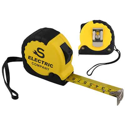 Metal and plastic yellow with black 25 foot locking tape measure with logoed imprint.