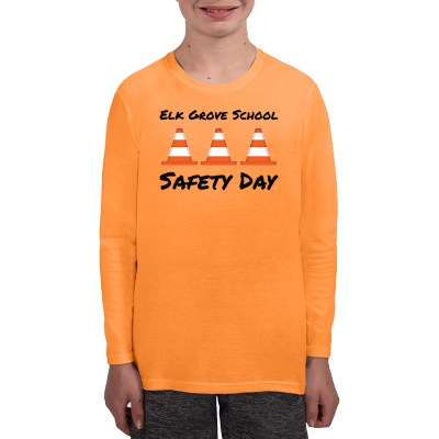 Custom full color imprint on youth safety orange long sleeve tee.