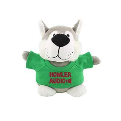 Plush and cotton kelly green bean bag buddy wolf with personalized imprint.