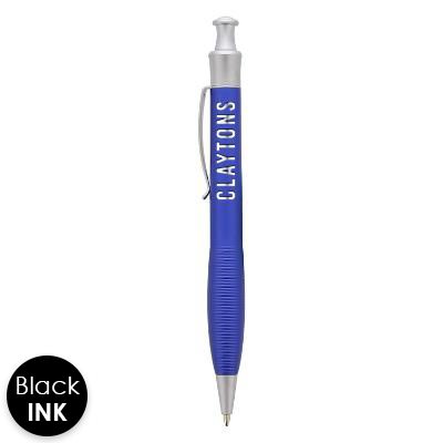 Matte finish pen with textured grip and engraved custom logo.