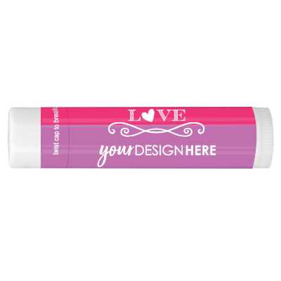 Pink Valentines lip balm with a customizable imprint.