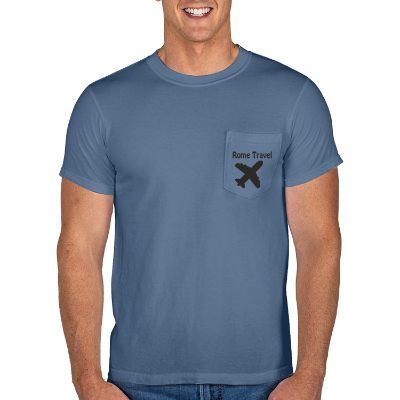 Customized blue jean pocket t-shirt with logo.