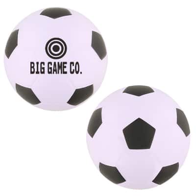 Black and white foam soccer stress ball with printed logo.