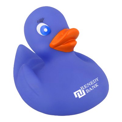 Plastic blue personalized rubber duck.