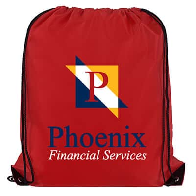 Polyester red drawstring bag with custom full-color logo and reinforced corners.