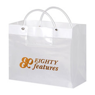 Plastic frosted clear foil stamped tote bag with personalized imprint.