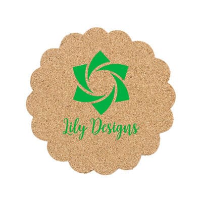 Cork 4 inches flower coaster with custom imprint.