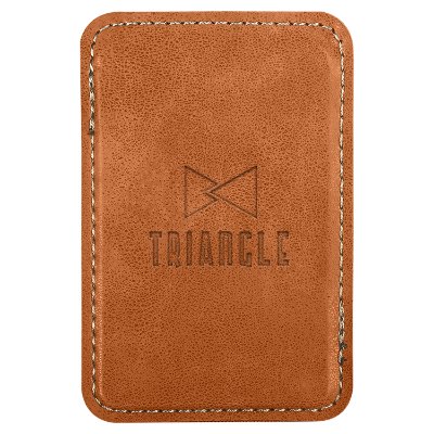 Brown leather phone wallet with a branded debossed logo.