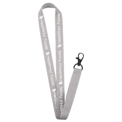 3/4 inch gray grosgrain polyester lanyard with custom design, and lobster clips. 