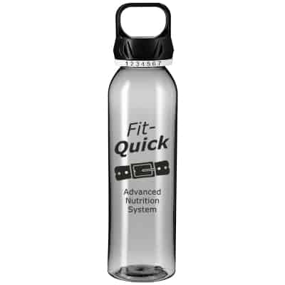 Plastic charcoal gray water bottle with custom print in 22 ounces.