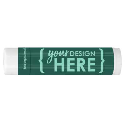 Green and white background lip balm with leaves with a customized logo.