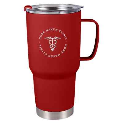 Red tumbler with engraved imprint