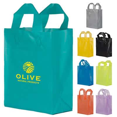 Plastic teal color frosted shopper bag logoed.