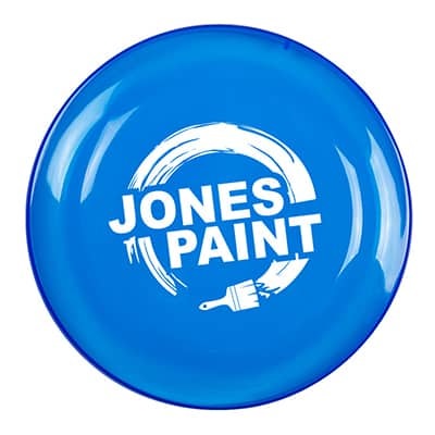 Plastic blue flying disc branded with logo.