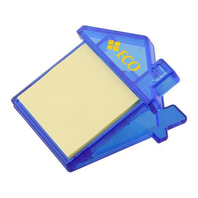 Plastic translucent blue house sticky note magnet chip clip with imprint.