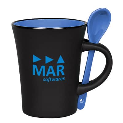 Ceramic blue coffee mug with c-handle and custom imprint in 8 ounces.