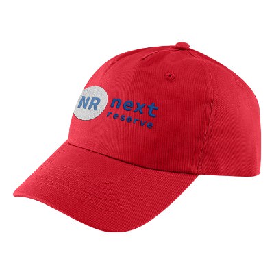 Embroidered red promotional customized ball cap.