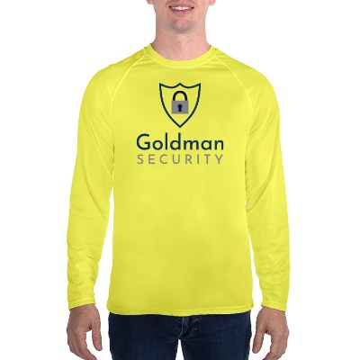 Full color logoed safety yellow long sleeve t-shirt.