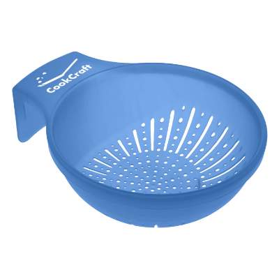 Translucent blue over-the-sink strainer with custom printed logo.