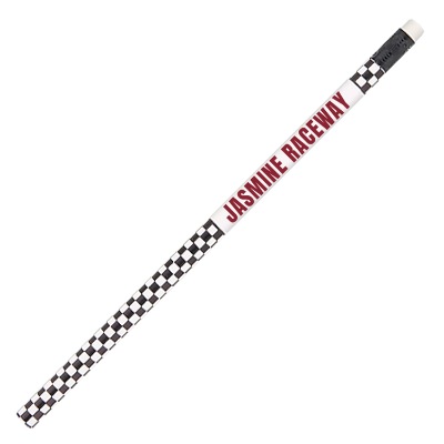 Black and white race track pencil with logo.