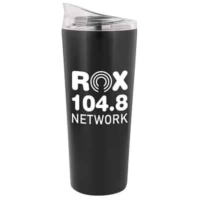 Stainless steel black tumbler with custom imprint in 22 ounces.