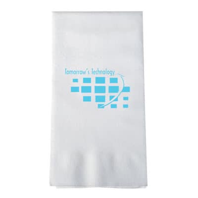 Heavyweight single ply tissue linen-like white guest towel napkin with custom imprint.