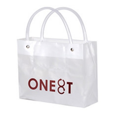 Plastic frosted clear foil stamped tote bag logoed.