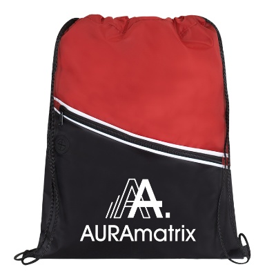 Polyester orange and black drawstring bag with custom logo and front zippered pockets.