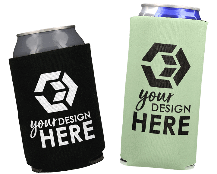 Black standard foam can cooler with white imprint and sage green slim can cooler with black imprint