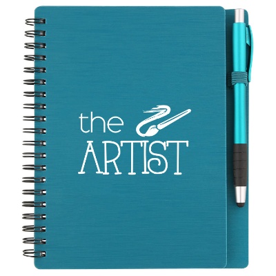 Brushed textured peacock blue notebook with matching pen and branding.