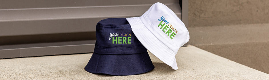 Custom bucket hats with logo white bucket hat with full-color logo and blue bucket hat with full-color logo
