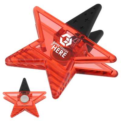 Plastic translucent red star magnetic chip clip with imprint.