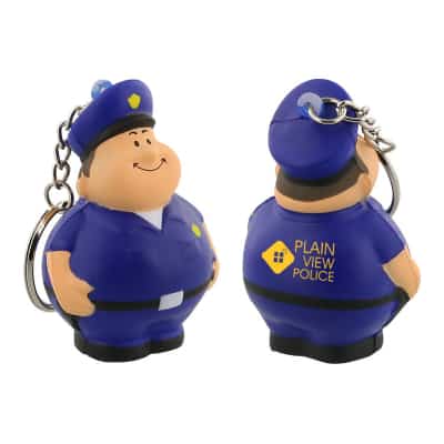 Foam policeman pete stress ball key ring personalized with imprint.