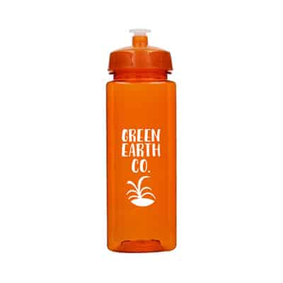 Plastic orange water bottle with custom design and push pull lid in 24 ounces.