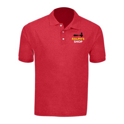 Heather red men's polo with personalized full color imprint.
