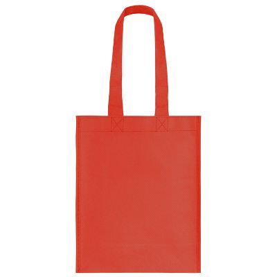 Blank polypropylene red tote bag with 4-inch gussets.
