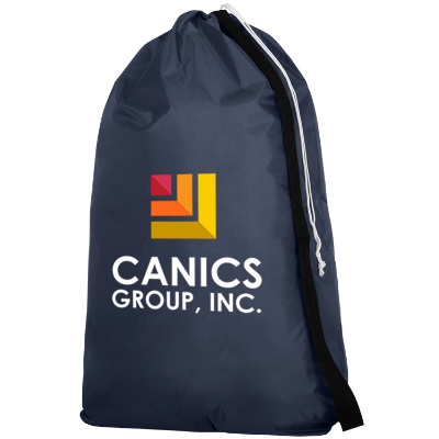 Polyester navy workhorse drawstring utility bag with custom full color logo.