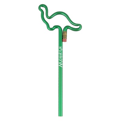 Metallic green dinosaur shaped pencil with custom logo.