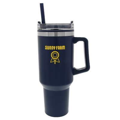 Stainless steel with plastic lining tumbler with a custom logo.