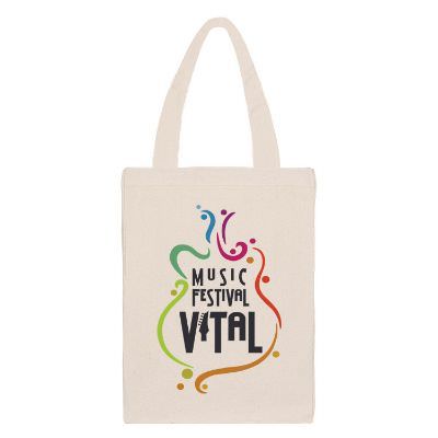 Natural cotton tote bag with full-color custom logo and reinforced handles.