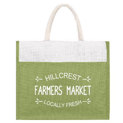 Natural jute green eco-friendly tote with imprinted logo.