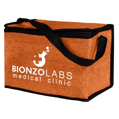 Orange non-woven polypropylene lunch bag with custom logo.