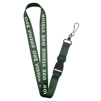 1 inch light blue satin polyester lanyard with custom logo, buckle release and black j-hook.