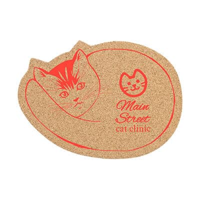 Cork large cat coaster with personalized imprint.