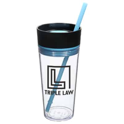 Plastic clear with blue tumbler with custom printing in 16 ounces.